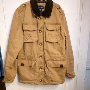 St. John's Bay Khaki Field Jacket with Dark Brown Corduroy Collar And Elbow Patc